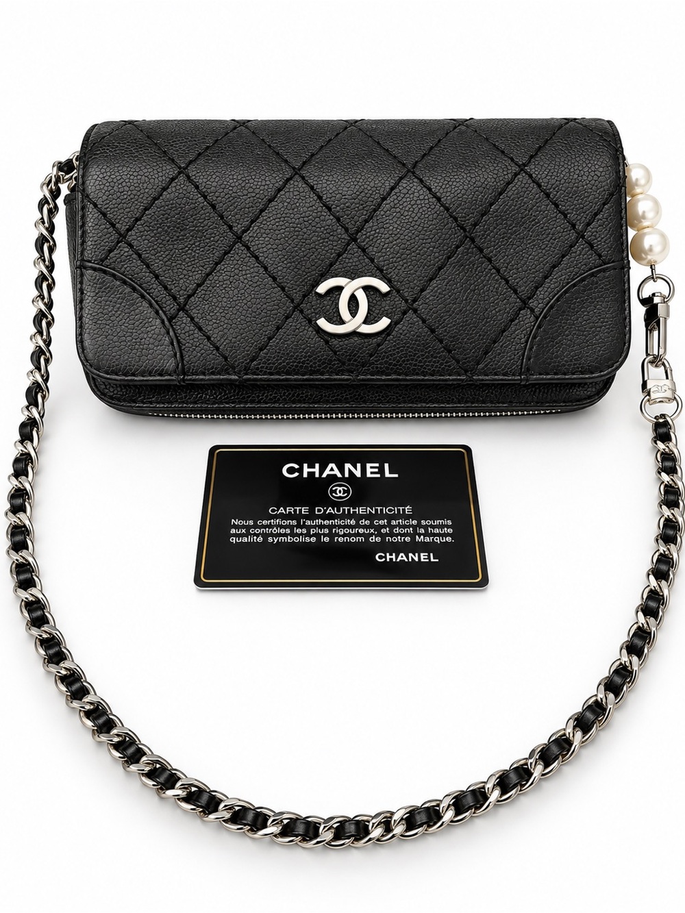 Chanel Black Caviar Wallet With Added Pearl Chain